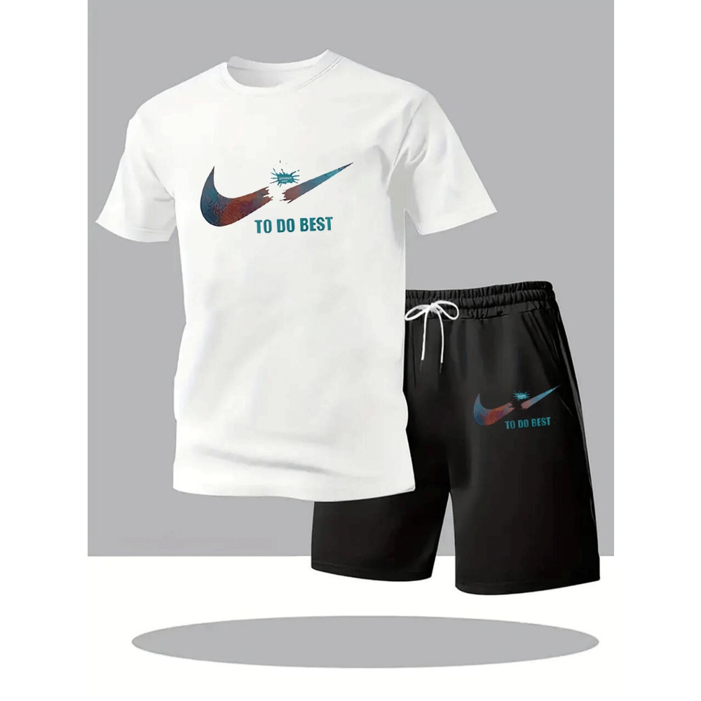 Running Gear - 新しい夏のスポーツウェアメンズスーツファッションツーピーススポーツフィットネスランニングカジュアル速乾性半袖ショーツセット男性