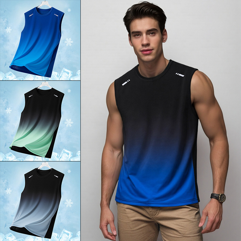 Running Gear - 男性グラデーションスポーツベスト軽量ノースリーブラウンドネック Tシャツ夏ランニングルーズフィットユーススポーツフィットネス通気性トップ