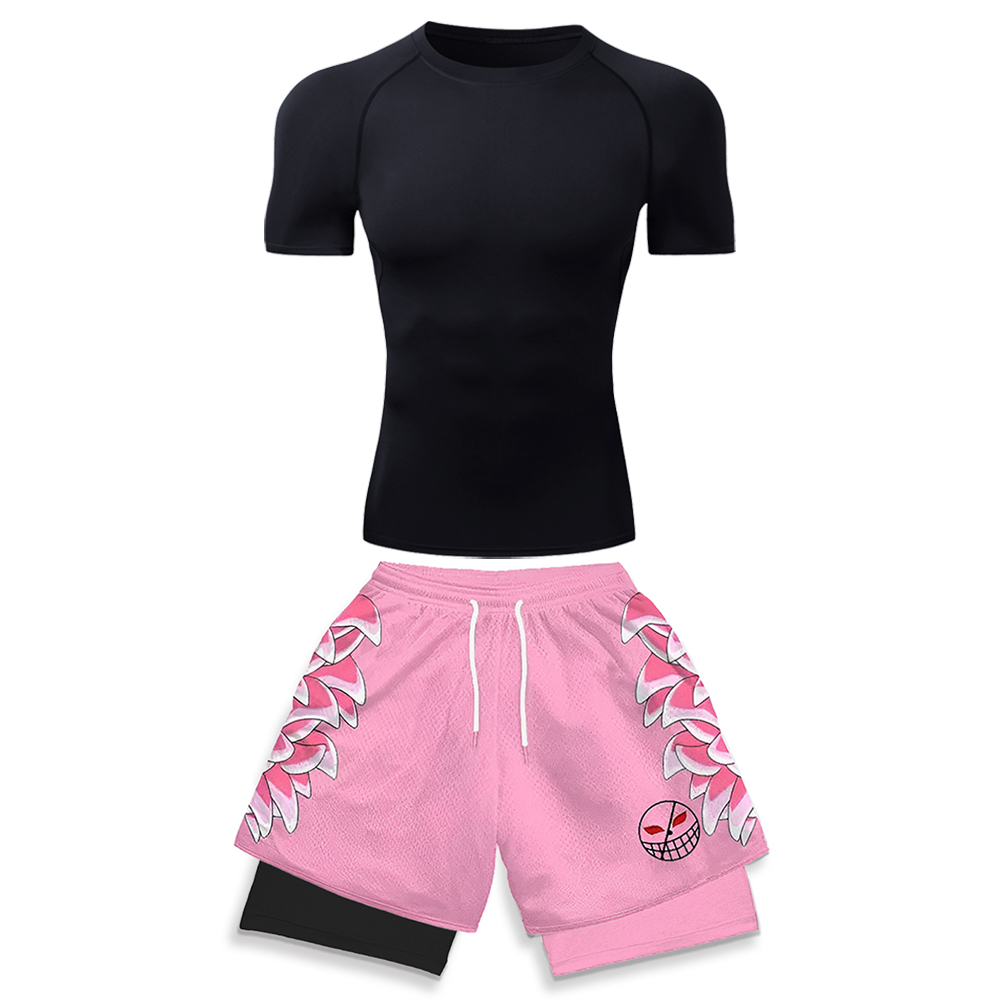 Running Gear - 高弾性ワークアウトウェア男性用ホワイトコンプレッションTシャツ＆ピンク3Dグラフィックプリントランニングショーツアニメジムジョギングウェア